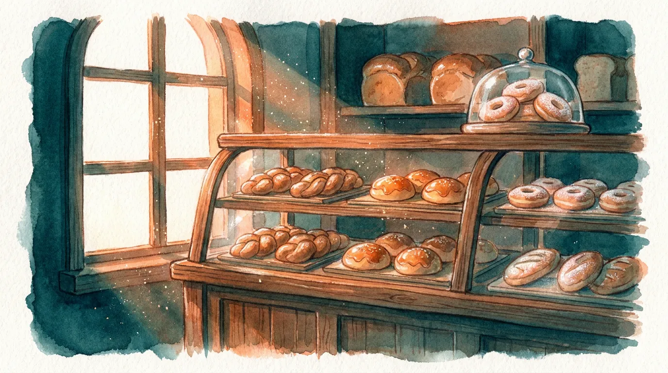 The bakery display in morning light — shelves of storybook bakes, a faint magical glow on the glazes, sugar-dust hanging in the sunbeams