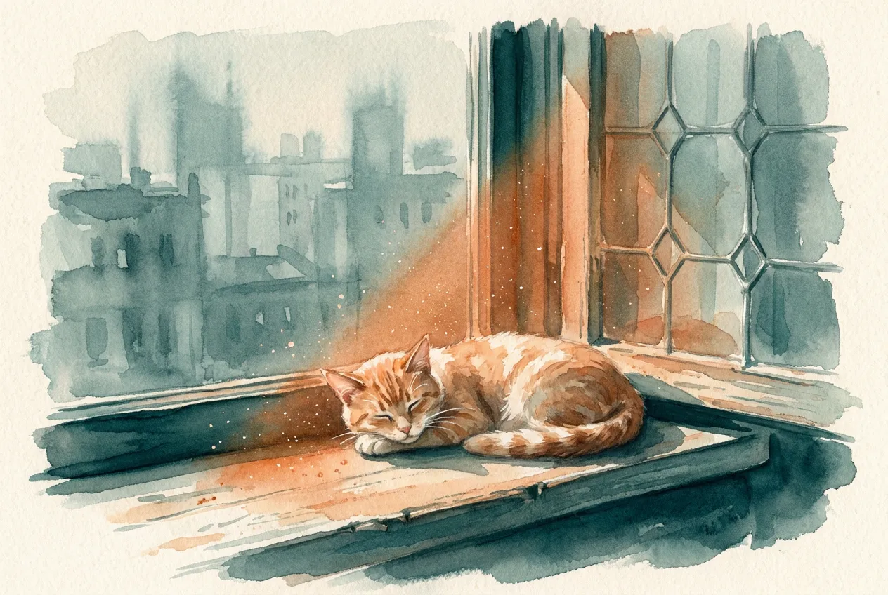 The bakery cat asleep on the sunny windowsill, the city muted beyond the glass