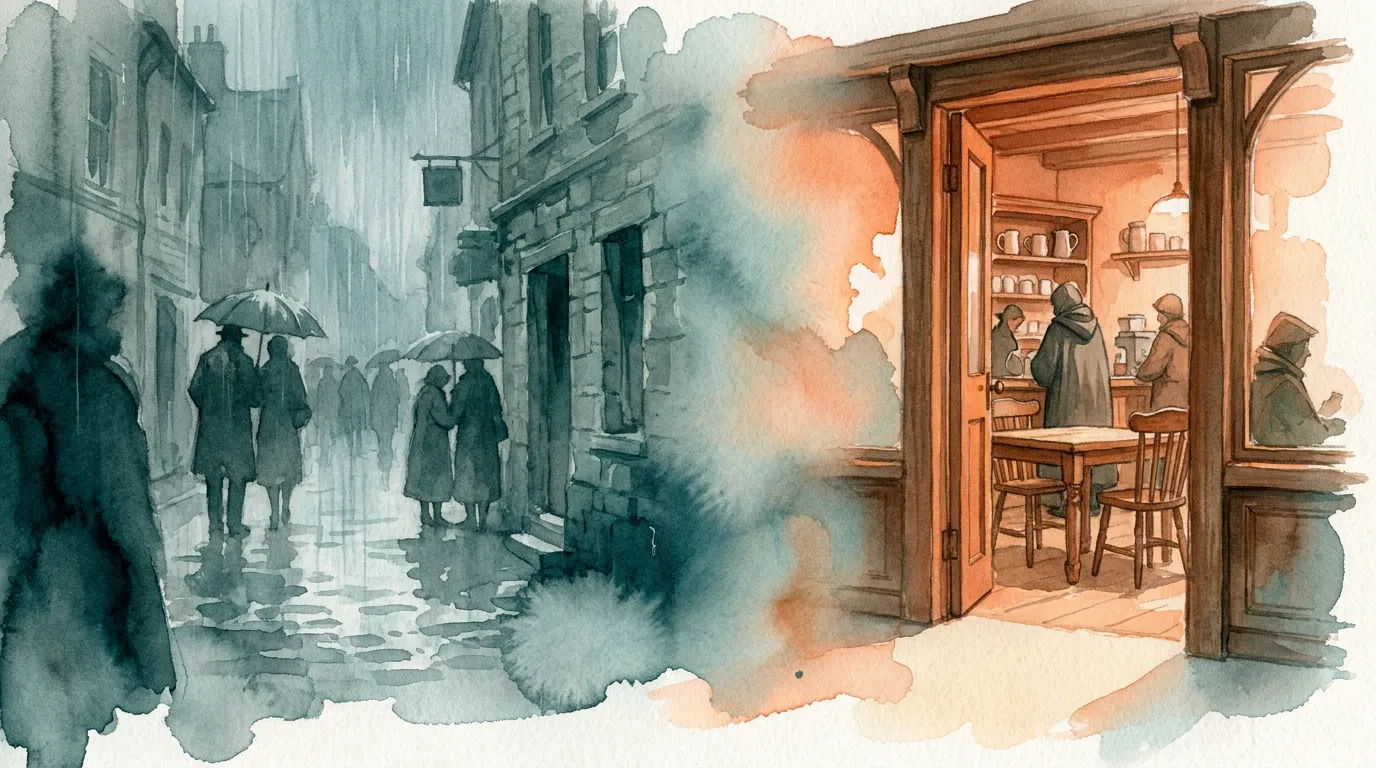 A desaturated, hurried gray street bleeding into the warm glowing café doorway
