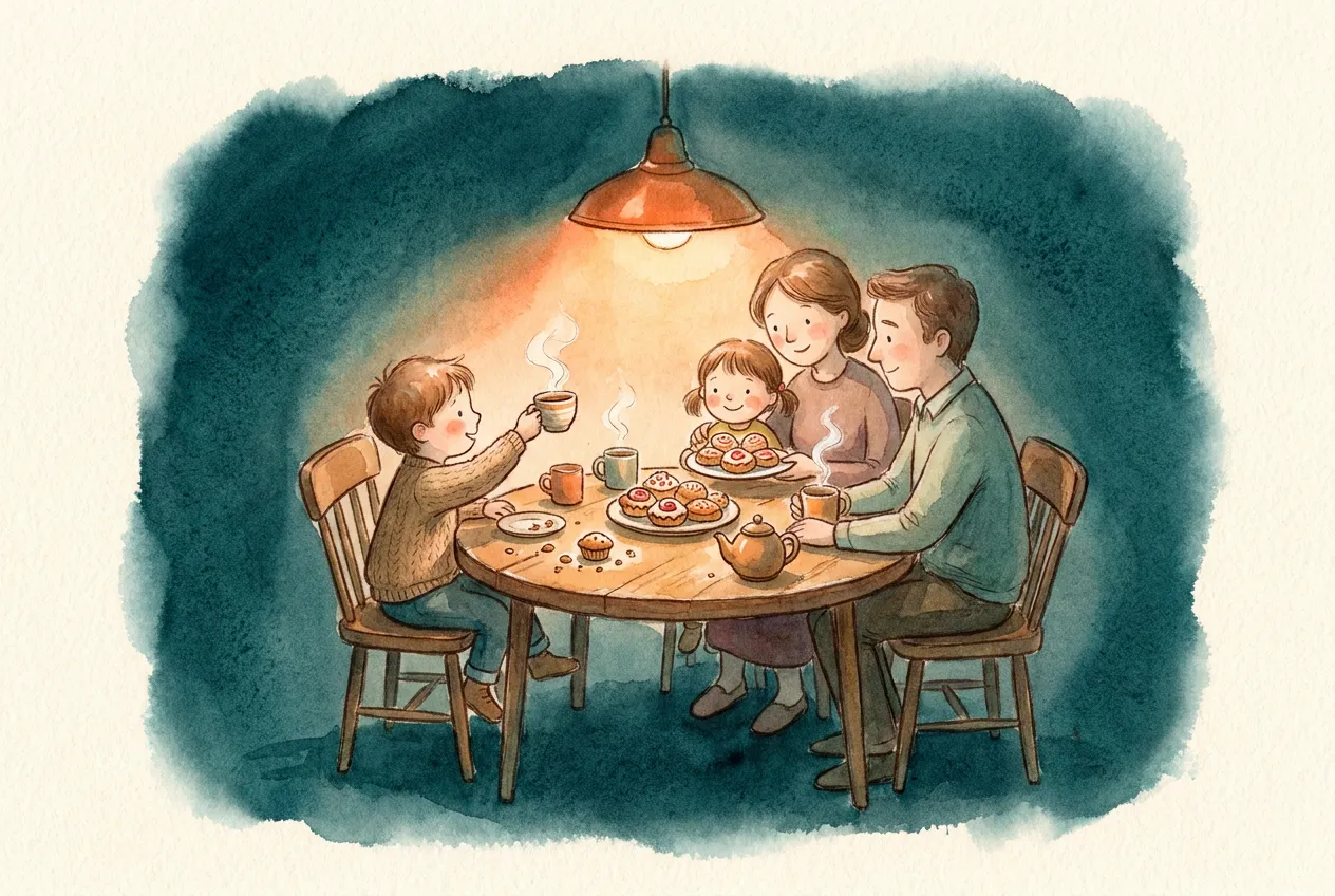 A family sharing a plate of wonders at a worn wooden table, crumbs and laughter in soft light