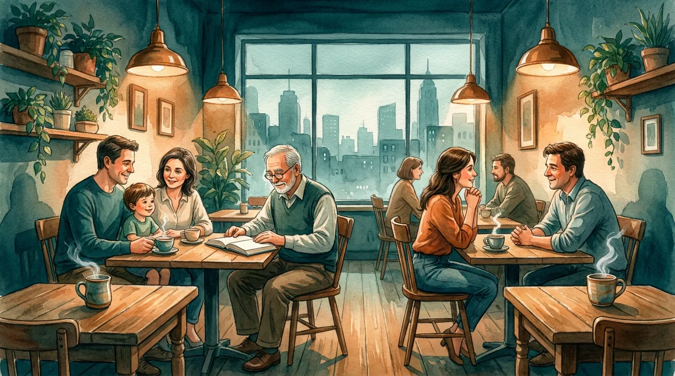 The café interior — worn wooden tables, families over steaming cups, plants and warm lamps, the cooler city beyond the big window