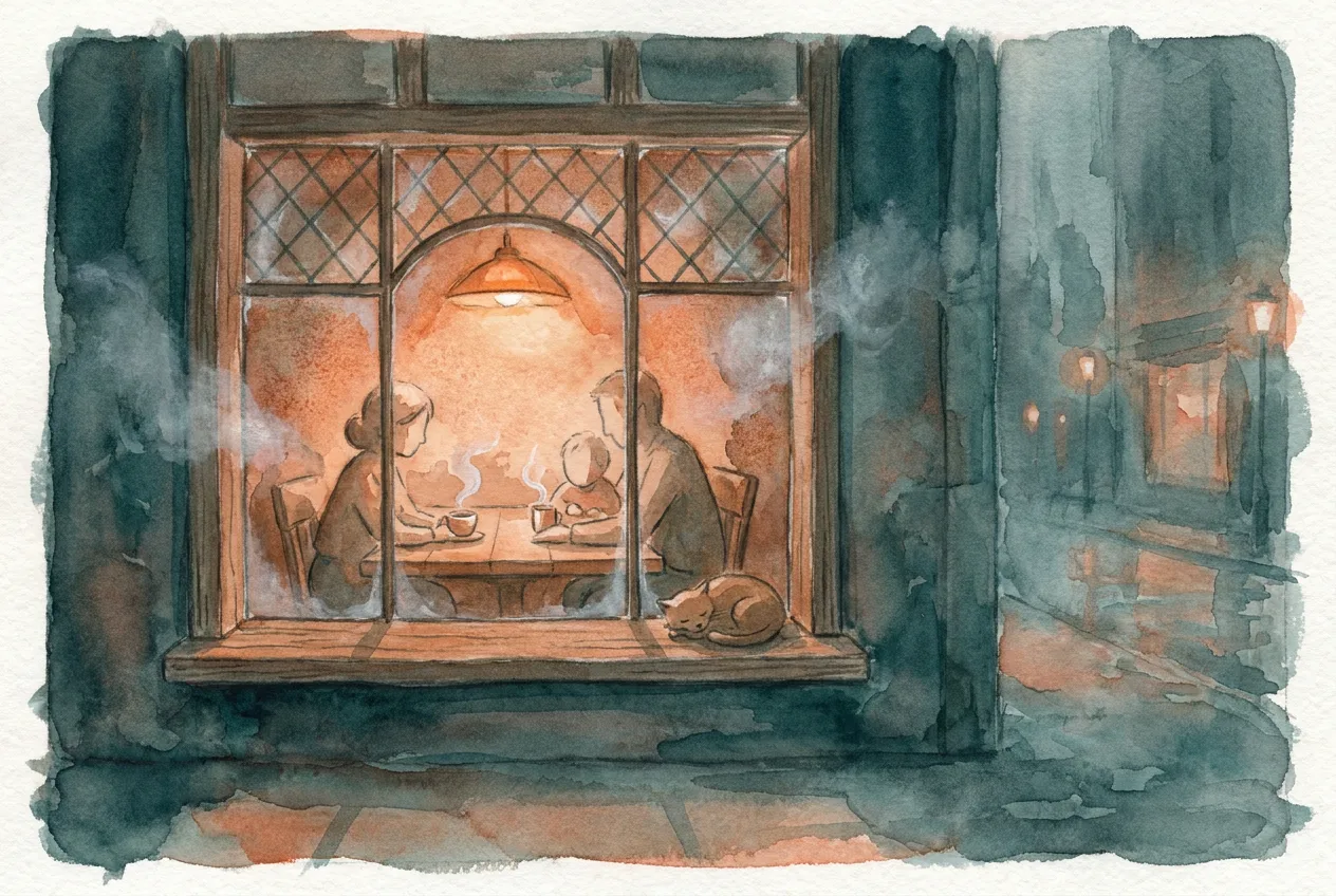 The café seen through its window from the cool evening street — a warm family scene inside, the cat asleep on the sill