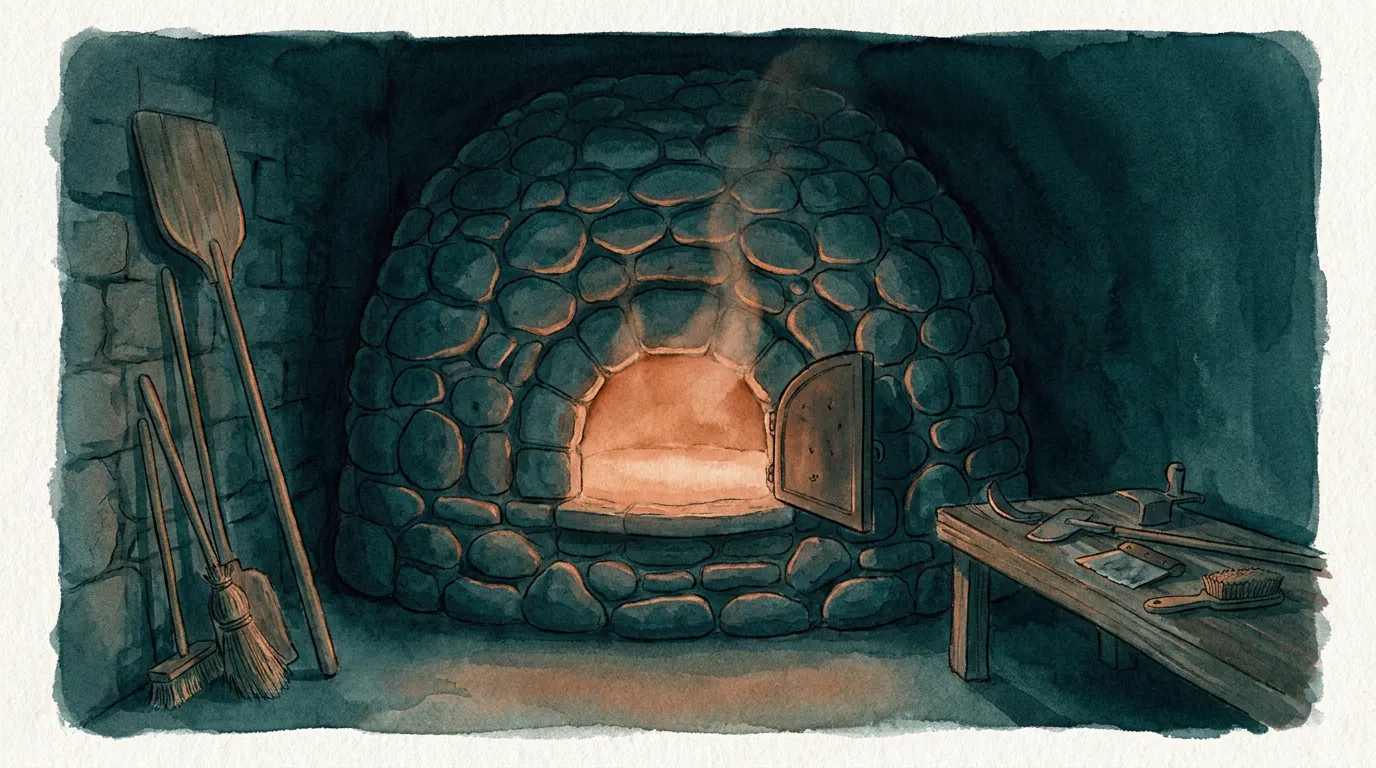 Elias's river-stone oven in the dark bakery, its mouth glowing, tools resting on the surfaces nearby