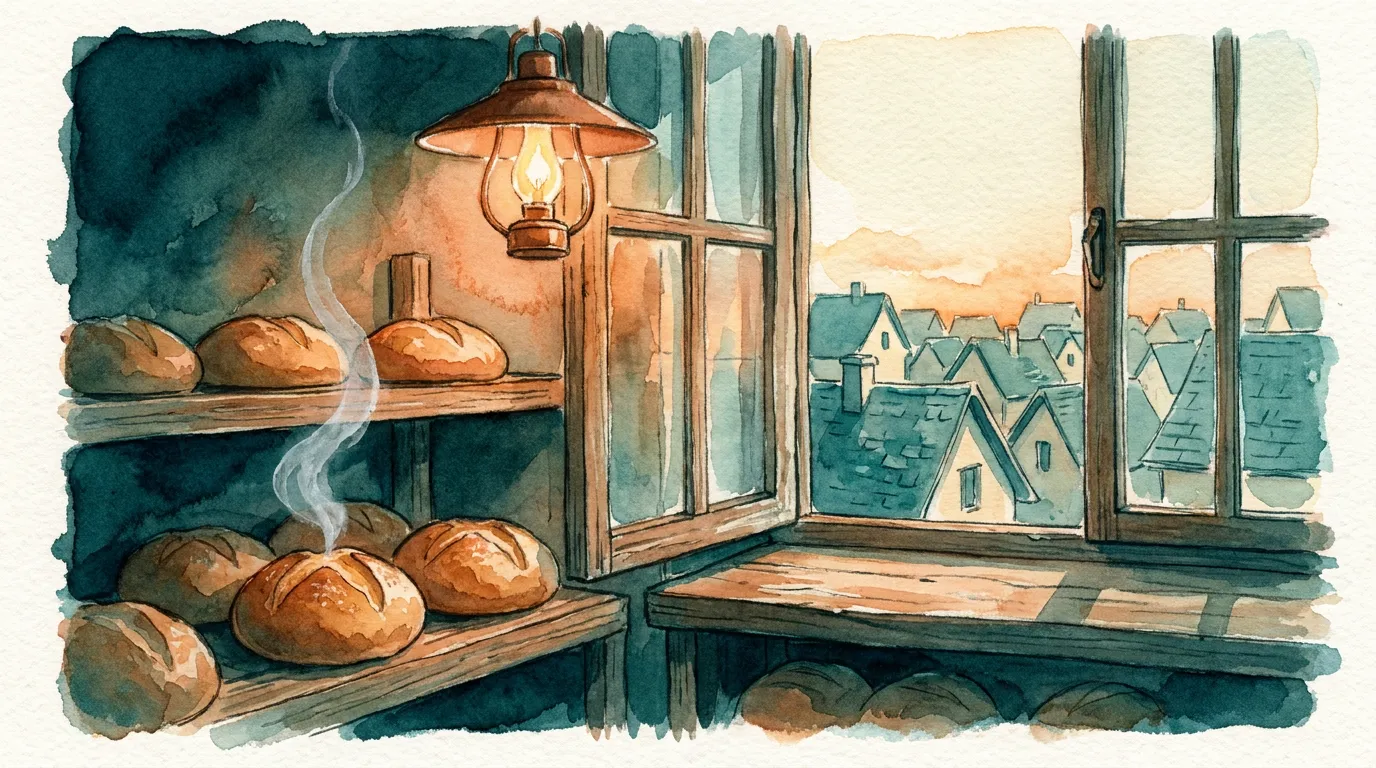 Full shelves at first daylight, pale town rooftops through the window