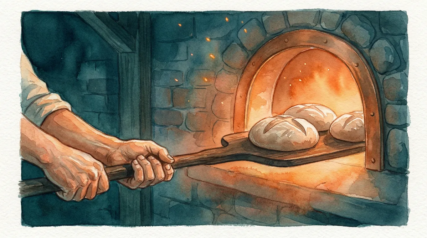 Loaves entering the glowing oven mouth on a long wooden peel