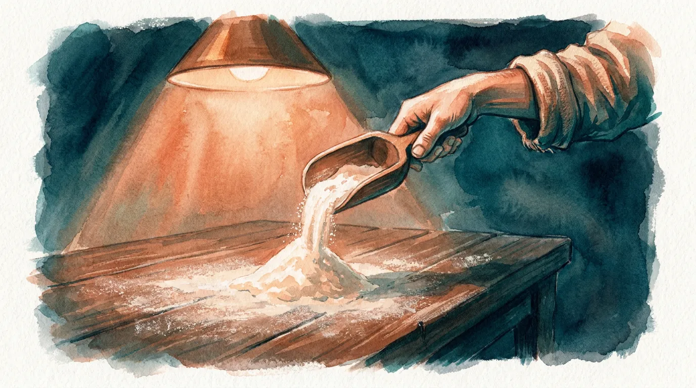 Flour falling through lamplight like first snow onto the workbench