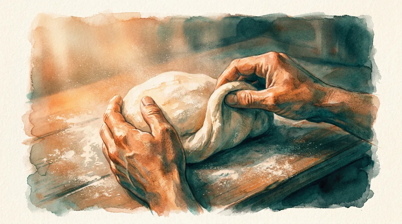 A baker's floured hands folding dough on the workbench in warm lamplight