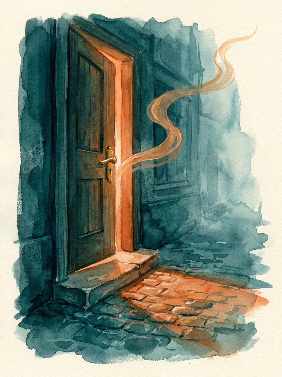 The bakery door ajar at dusk, a wedge of golden light spilling across the cobblestones