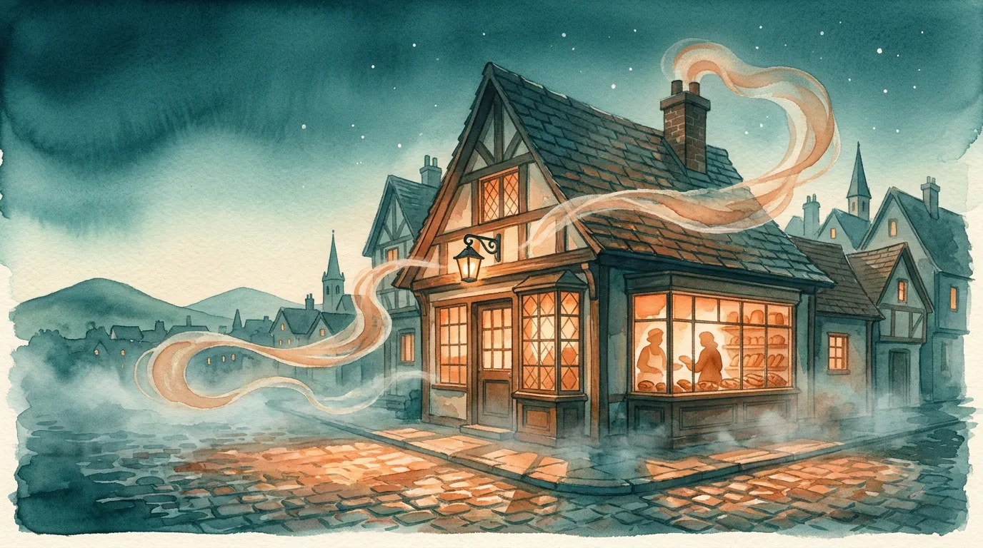 The Hearth & Fable bakery on its cobblestone corner at dusk — golden window-light spilling onto the stones, a ribbon of bread-scent curling from the chimney