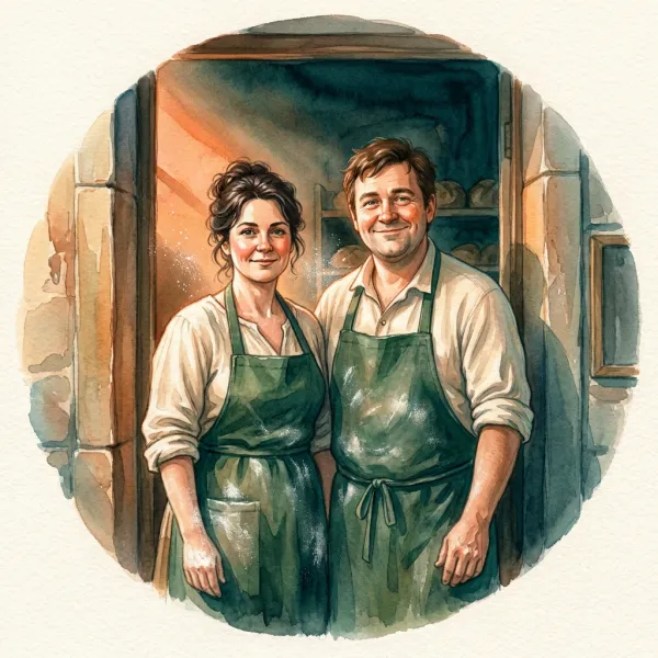 Lena and Tomas Fable, today's hosts, in the bakery doorway