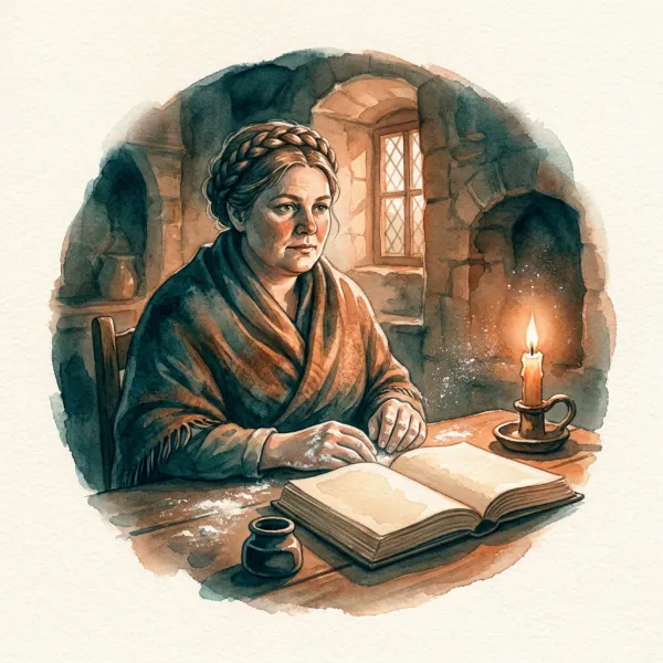 Marta Fable, keeper of the fire, floured hands over The Book