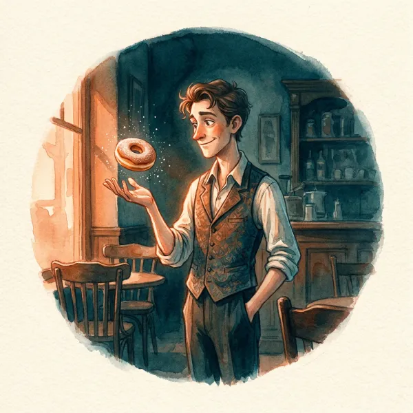 Oskar Fable, the dreamer, with a doughnut levitating above his palm