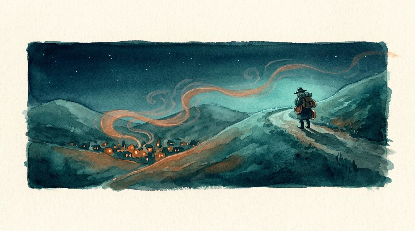 Elias Fable silhouetted on a night hill road, pack on his back, following a pale ribbon of bread-scent down toward the glowing town