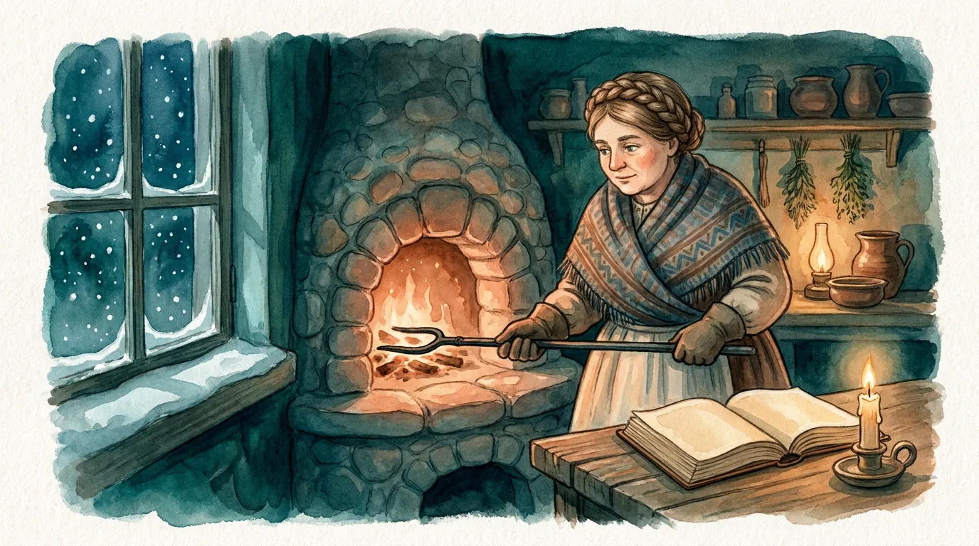 Marta at the glowing oven while snow piles on the window — The Book open on the table, floured handprints on its pages