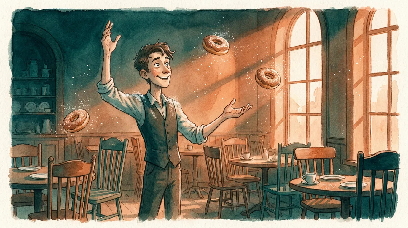 Young Oskar in café light, doughnuts drifting weightless around him through sugar-dust, chairs mid-arrangement