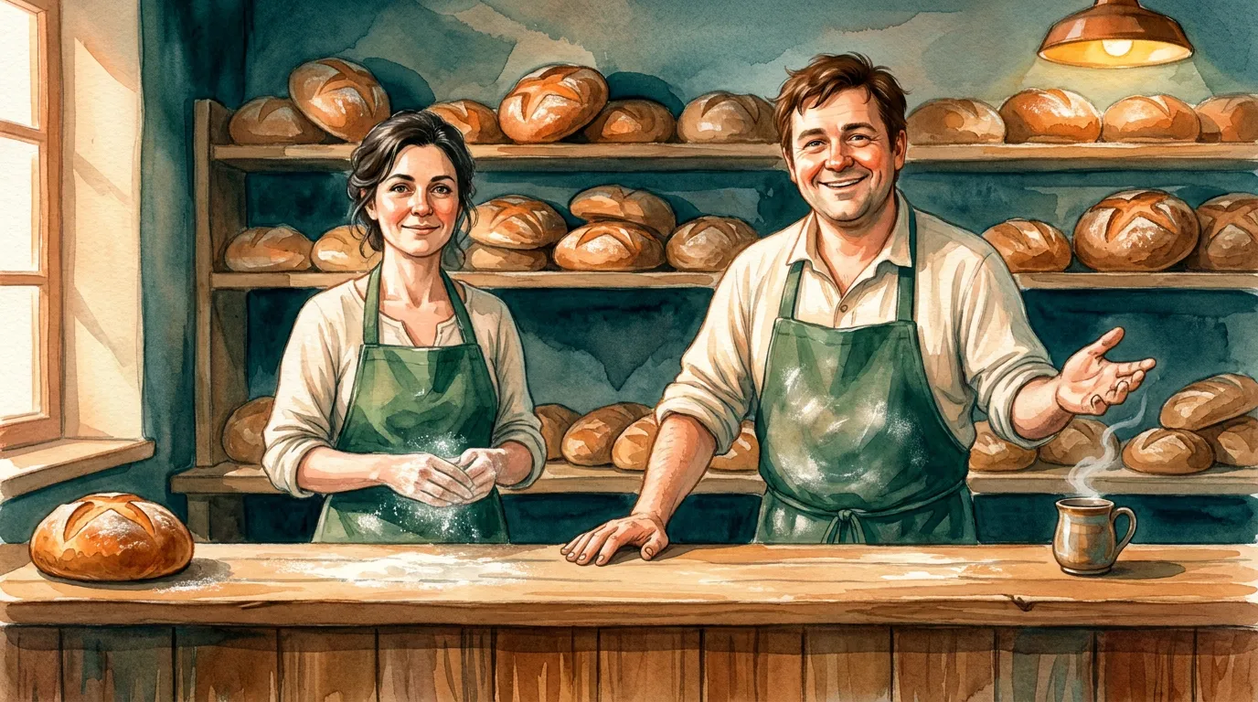 Lena and Tomas at the counter in full morning light — the founding night has become today
