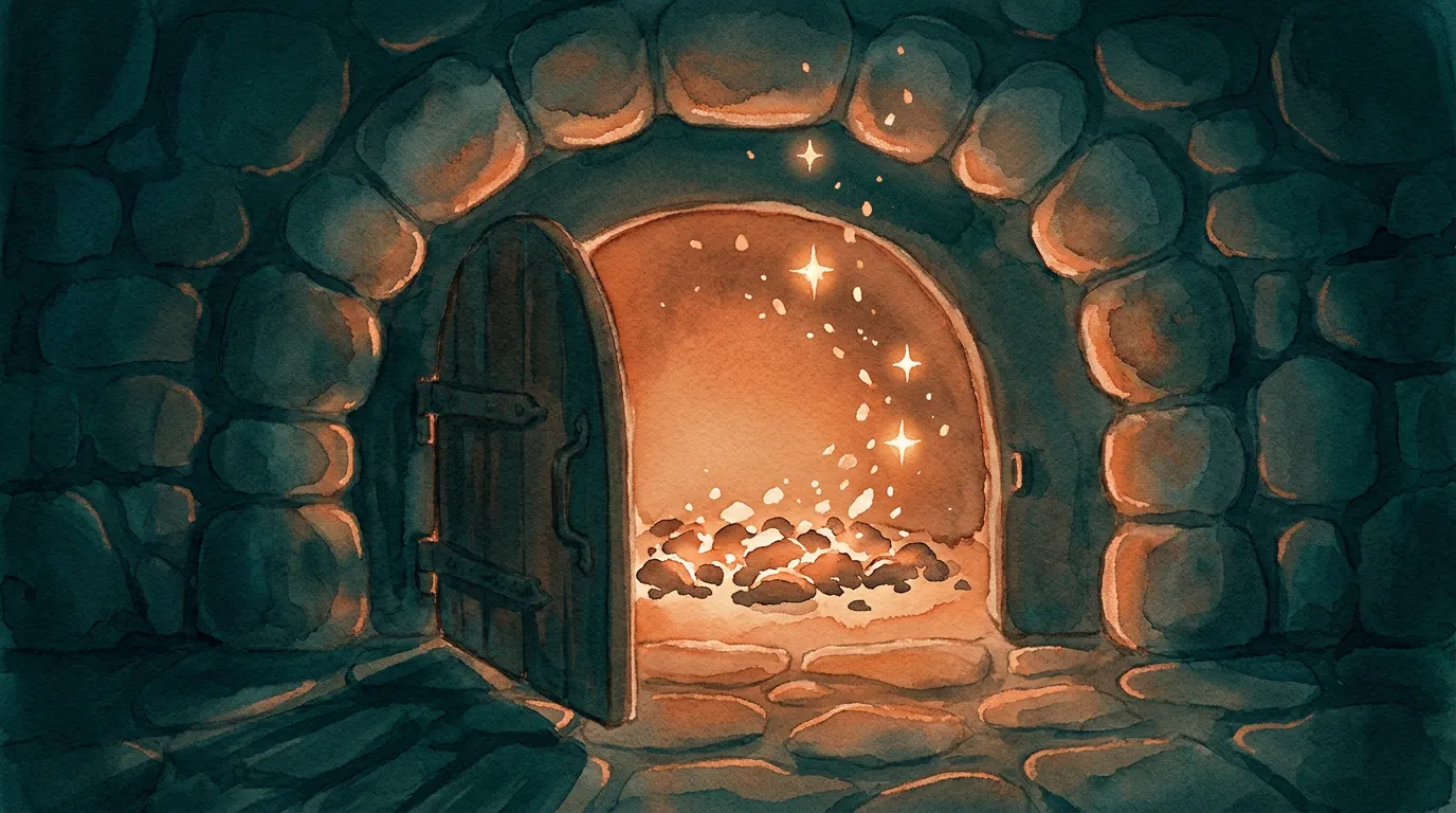 The mouth of the stone oven up close — embers rising into the dark, four sparks burning brighter than the rest