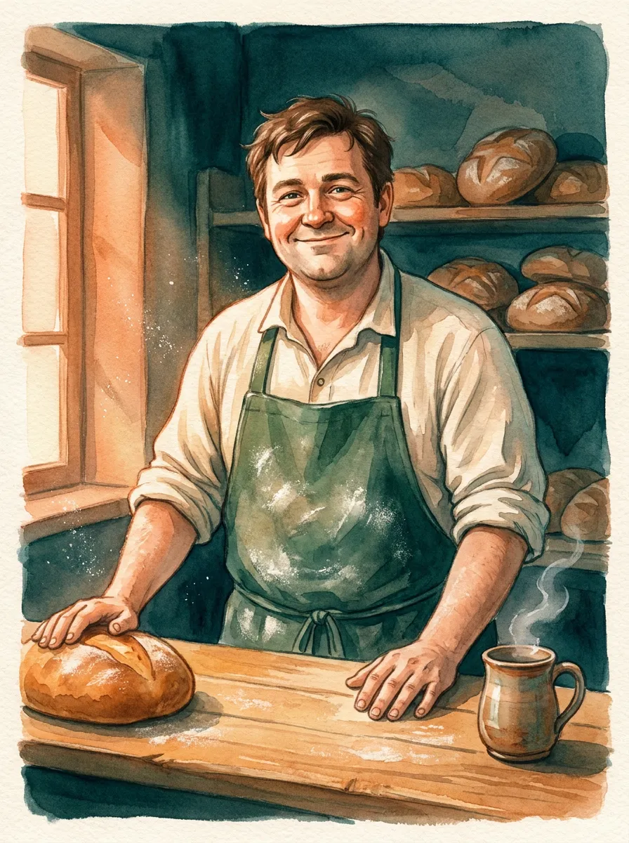 Tomas Fable behind the worn wooden counter, smiling like he has been expecting you — shelves of warm loaves behind him