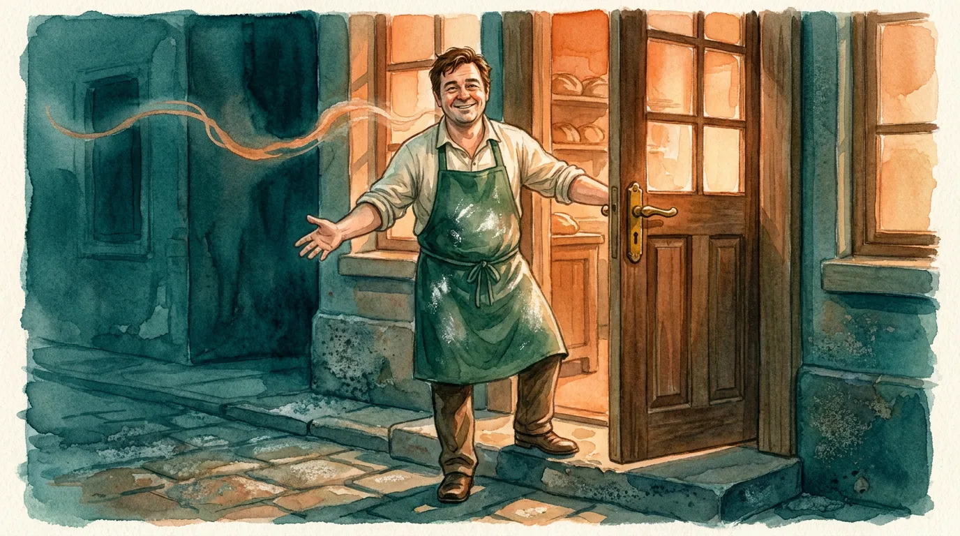 Tomas holding the bakery door open at golden hour, warm light spilling past him onto the street