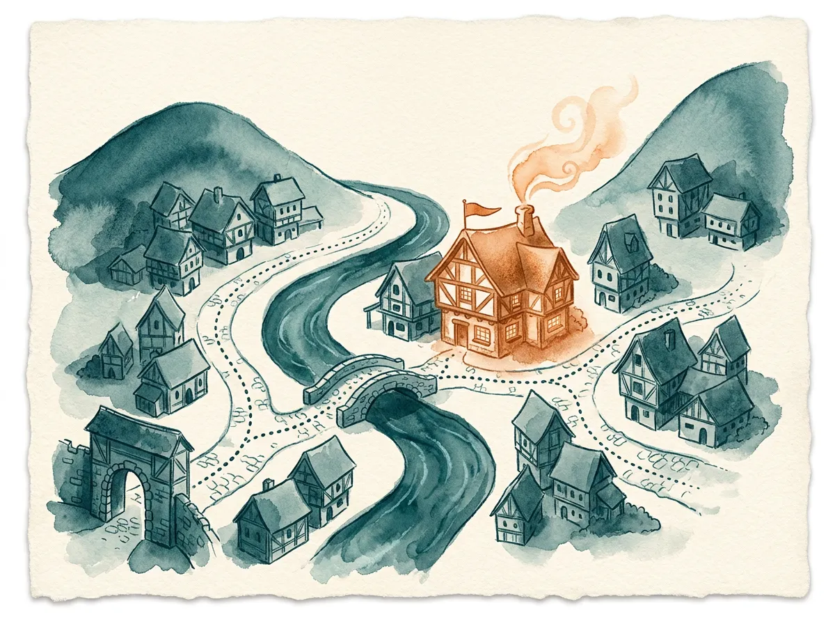 A hand-drawn watercolor map of the little town — hills, winding lanes, the bakery marked with a glowing chimney and a tiny H&F flag