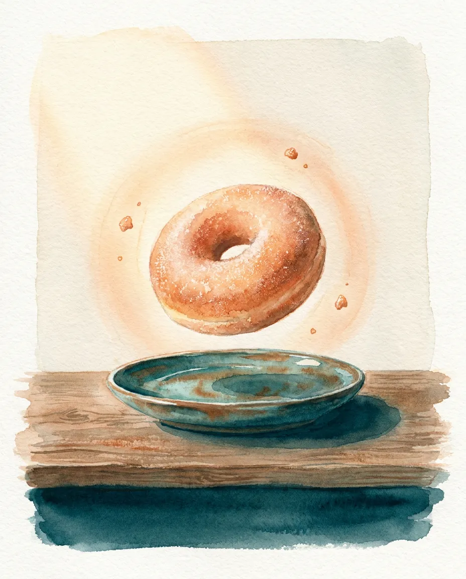 The Doughnut — levitating a finger's width above its plate, sugar-light crumbs drifting